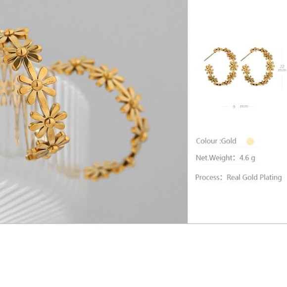 NEW 18K Gold Plated Daisy Flower Round Hoop Earrings - Picture 6 of 6